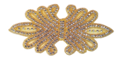 RHS-APL-158-GOLD.  CRYSTAL RHINESTONE APPLIQUE WITH GOLD BEADS - 8" X 4"