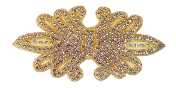 RHS-APL-158-GOLD.  CRYSTAL RHINESTONE APPLIQUE WITH GOLD BEADS - 8" X 4"