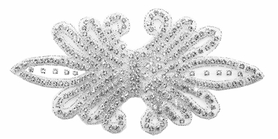 RHS-APL-158-SILVER.  CRYSTAL RHINESTONE APPLIQUE WITH SILVER BEADS - 8" X 4"