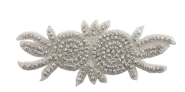 RHS-APL-170-SILVER.  Hot-Fix or Sew-On Crystal Rhinestone Applique - 7 Inch x 3 Inch