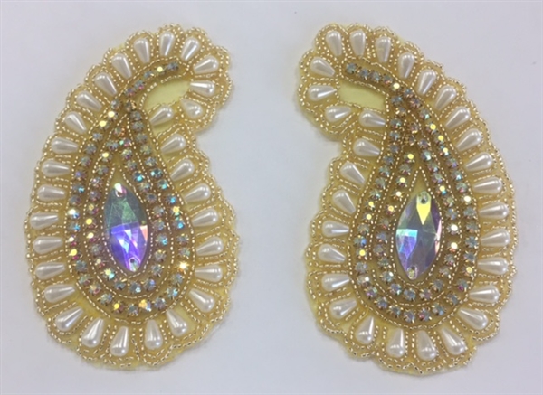 RHS-APL-1803-OFFWHITEGOLD-PAIR.  Hot-Fix, Sew-On Rhinestone Appliques (Pair) - Off-White Pearls, AB Rhinestones, Gold Beads - 2.75 x 5 Inches