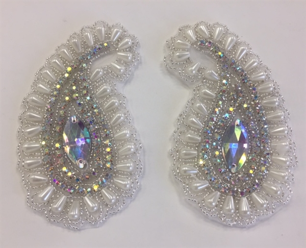 RHS-APL-1803-WHITESILVER-PAIR.  Hot-Fix, Sew-On Rhinestone Appliques (Pair) - White Pearls, AB Rhinestones, Silver Beads - 2.75 x 5 Inches