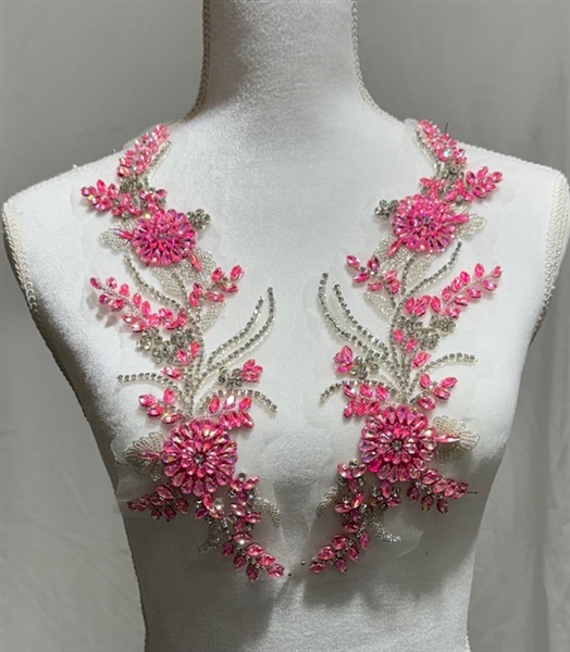 RHS-APL-W3317-HOTPINK-PAIR. Hot Pink Rhinestone Applique with Clear Crystals and Silver Beads on a Shear White Tulle- 13" x 5" Each Piece.