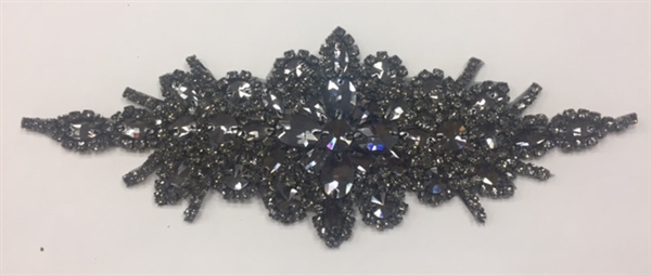 RHS-APL-422-BLACKBLACK.  Black Crystal Rhinestone Applique - 9" x 3" - Black Crystals on Black Metal Backing