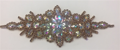 RHS-APL-422-BRONZE.  Hot Fix / Sew-On Crystal Rhinestone Applique - AB and Bronze Crystals - 9 inch X 3 inch