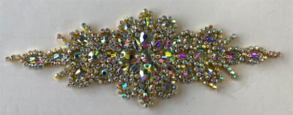 RHS-APL-422-GOLD-AB.  AB Crystal Rhinestone Applique with Gold Beads - Hot-Fix - 9" x 3"