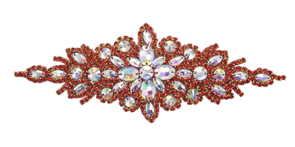 RHS-APL-422-RED.  Hot Fix / Sew-On Crystal Rhinestone Applique - AB and Red Crystals - 9 inch X 3 inch