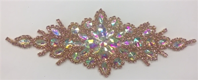 RHS-APL-422-ROSE.  Hot Fix / Sew-On Crystal Rhinestone Applique - AB and Rose Crystals - 9 inch X 3 inch