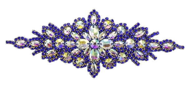 RHS-APL-422-ROYALBLUE.  Hot Fix / Sew-On AB-Crystal Rhinestone Applique - AB and Royal Blue Crystals - 9 inch X 3 inch