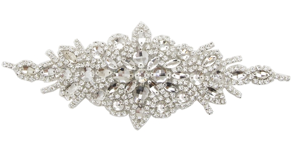 RHS-APL-422-SILVER.  Rhinestone Applique - 9 x 3 INCHES