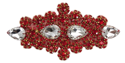RHS-APL-478-RED.  MAX BLING Hot Fix / Sew-On Crystal Rhinestone Applique - Clear and Red Stones - 7 X 3 inches