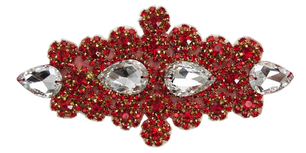 RHS-APL-478-RED.  MAX BLING Hot Fix / Sew-On Crystal Rhinestone Applique - Clear and Red Stones - 7 X 3 inches