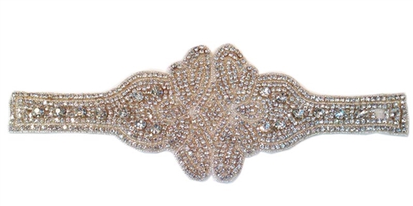 RHS-APL-493-SILVER.  CRYSTAL RHINESTONE APPLIQUE - 14" X 5"