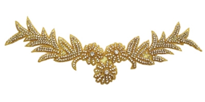 RHS-APL-496-GOLD. Crystal Rhinestone Applique - Gold Beads - 17" x 5"