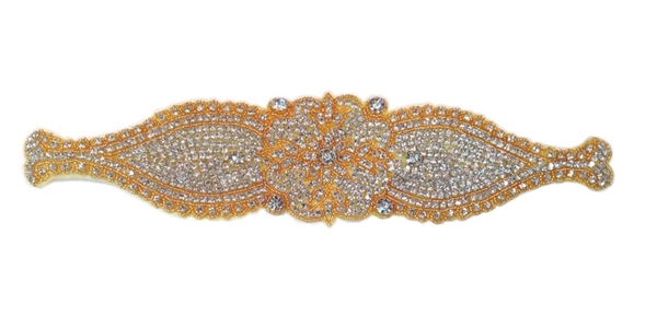 RHS-APL-501-GOLD.  CRYSTAL RHINESTONE APPLIQUE - 13" X 3"