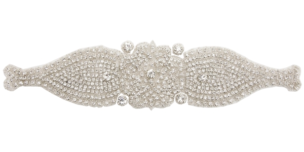 RHS-APL-501-SILVER.  Hot Fix / Sew-On Clear Crystal Rhinestone Applique - 13 X 3 Inches