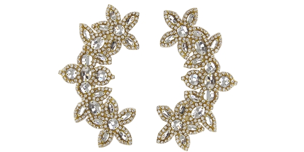 RHS-APL-511-PAIR-GOLD.  CRYSTAL RHINESTONE APPLIQUE PAIR.  6.5" x 2.5"
