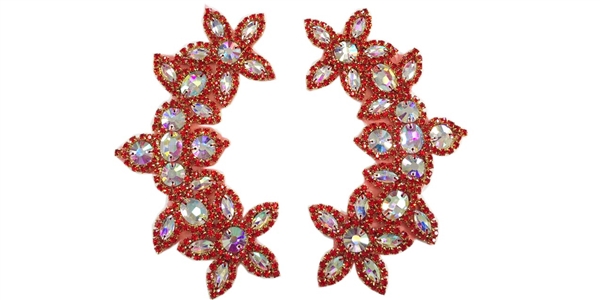 RHS-APL-511-PAIR-RED.  CRYSTAL RHINESTONE APPLIQUE PAIR.  6.5" x 2.5"