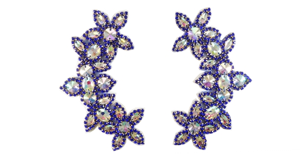 RHS-APL-511-PAIR-ROYALBLUE.  CRYSTAL RHINESTONE APPLIQUE PAIR.  6.5" x 2.5"
