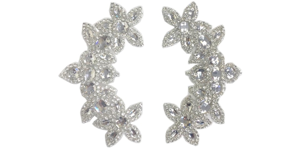 RHS-APL-511-PAIR-SILVER.  CRYSTAL RHINESTONE APPLIQUE PAIR.  6.5" x 2.5"
