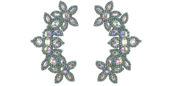 RHS-APL-511-PAIR-TURQUOISE.  CRYSTAL RHINESTONE APPLIQUE PAIR.  6.5" x 2.5"