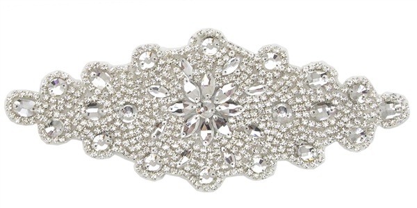 RHS-APL-519-SILVER.  CRYSTAL RHINESTONE APPLIQUE - 10.5" x 4"