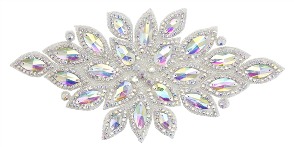RHS-APL-523-AB.  AB Crystal Rhinestone Applique - Silver - 12" x 6"