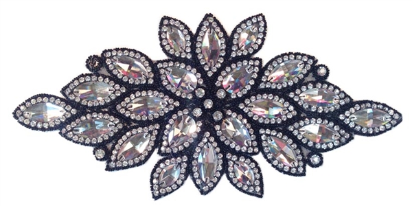 RHS-APL-523-BLACK.  Crystal Rhinestone Applique - Black - 12" x 6"