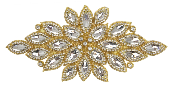 RHS-APL-523-GOLD.  Crystal Rhinestone Applique -GOLD - 12" x 6"