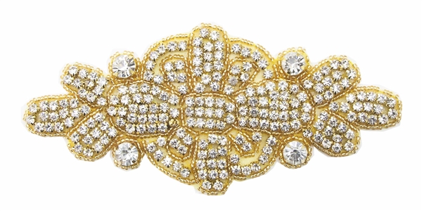 RHS-APL-530-GOLD.  CRYSTAL RHINESTONE APPLIQUE.  6.25 X 3 INCHES
