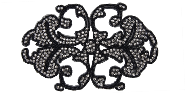 RHS-APL-546-BLACK.  CRYSTAL RHINESTONE APPLIQUE - 8" X 5" - BLACK BEADS