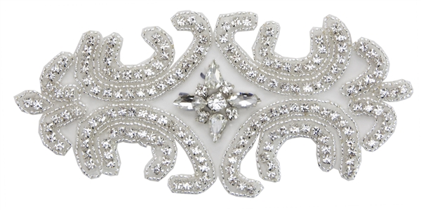 RHS-APL-549-SILVER.  CRYSTAL RHINESTONE APPLIQUE.  7"x3.5"