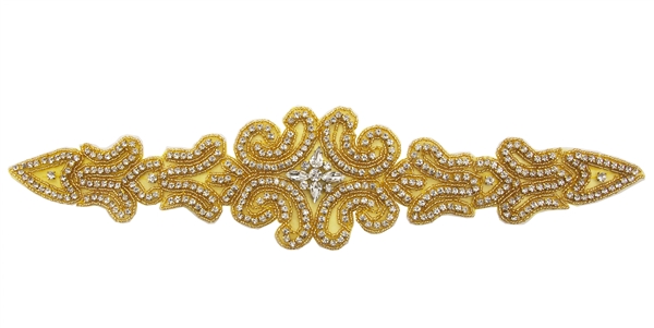 RHS-APL-550-GOLD.  CRYSTAL RHINESTONE APPLIQUE - 15" X 3.5"