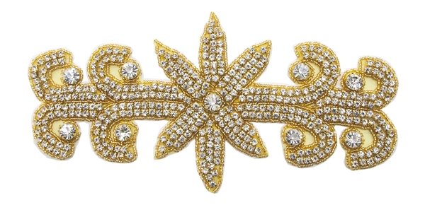 RHS-APL-571-GOLD. Hot Fix / Sew-On Clear Crystal Rhinestone Applique - 9 X 4 Inches