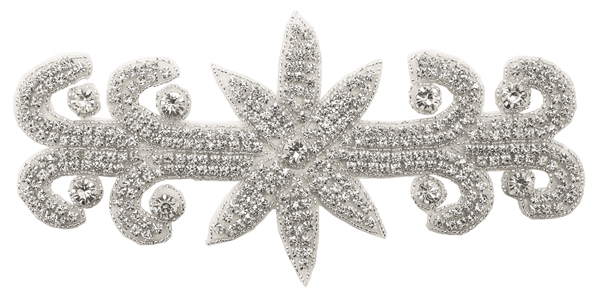 RHS-APL-571-SILVER. Hot Fix / Sew-On Clear Crystal Rhinestone Applique - 9 X 4 Inches