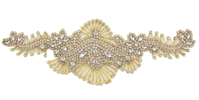 RHS-APL-698-GOLD.  Sew-On Clear Crystal Rhinestone Applique - On Net - Gold Beads- 12 X 4 Inches