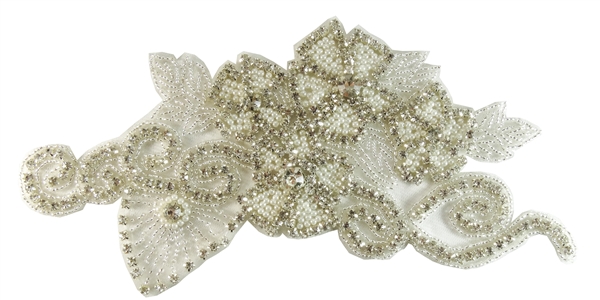 RHS-APL-706-SILVER.  Sew-On Clear Crystal Rhinestone Applique - On Net - Silver Beads- 9.5 X 5 Inches