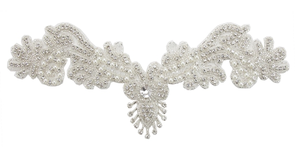 RHS-APL-707-SILVER.  CRYSTAL RHINESTONE APPLIQUE.  11" X 5"