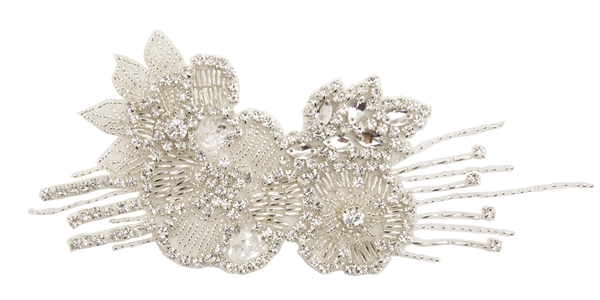 RHS-APL-708-SILVER.  Sew-On Clear Crystal Rhinestone Applique - On Net - Silver Beads- 8 X 3 Inches