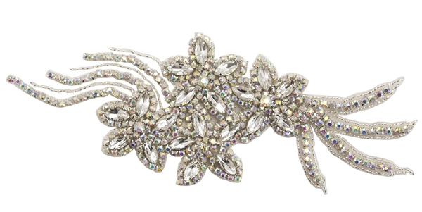RHS-APL-709-AB.  Sew-On AB Crystal Rhinestone Applique - On Net - Silver Beads- 9.5 X 3.5 Inches