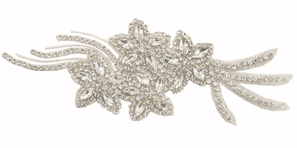 RHS-APL-709-SILVER.  CRYSTAL RHINESTONE APPLIQUE.  9" X 3"