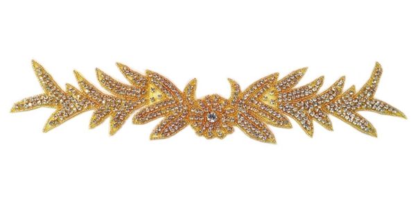 RHS-APL-733-GOLD.  CRYSTAL RHINESTONE APPLIQUE - 15" X 3"