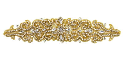 RHS-APL-737-GOLD.  Sew-On Clear Crystal Rhinestone Applique - On Net - Gold Beads- 12 X 3 Inches