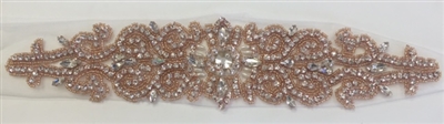 RHS-APL-737-ROSE.  Sew-On Clear Crystal Rhinestone Applique - On Net - Rose Beads- 12 X 3 Inches