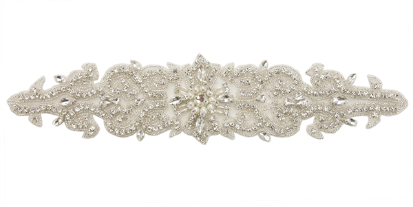 RHS-APL-737-SILVER.  Sew-On Clear Crystal Rhinestone Applique - On Net - Silver Beads- 12 X 3 Inches