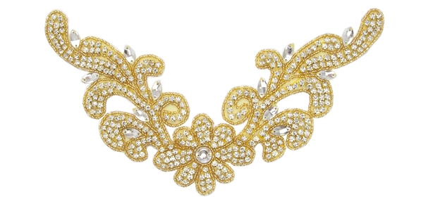RHS-APL-740-GOLD.  Hot Fix / Sew-On Clear Crystal Rhinestone Applique - Clear Stone with Gold Beads