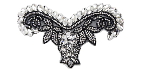 RHS-APL-747-BLACK.  HOT-FIX CRYSTAL RHINESTONE APPLIQUE WITH BLACK BEADS - 11" x 6"
