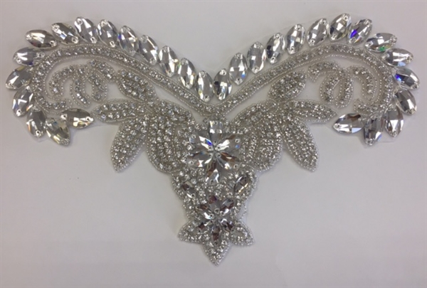 RHS-APL-747-SILVER.  HOT FIX CRYSTAL RHINESTONE APPLIQUE WITH SILVER BEADS - 11" x 6"