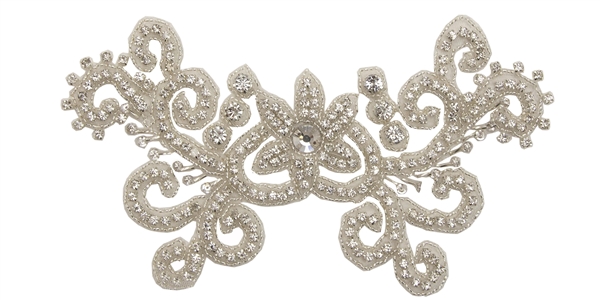 RHS-APL-781-SILVER.  Sew-On Clear Crystal Rhinestone Applique - On Net - Silver Beads- 8.5 X 4.5 Inches