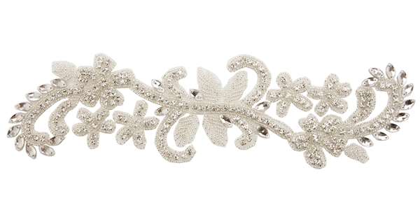 RHS-APL-782-SILVER.  Sew-On Clear Crystal Rhinestone Applique - On Net - Silver Beads - 11.5 X 3 Inches